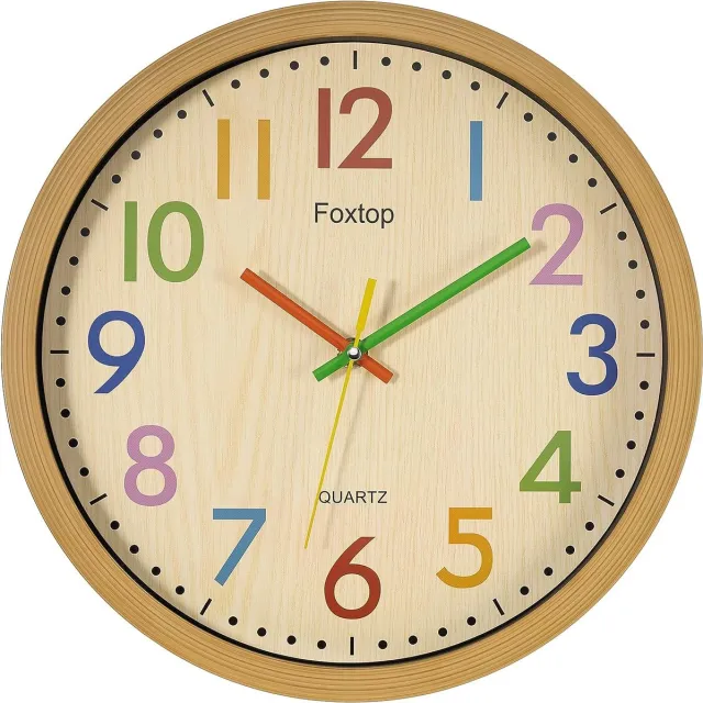 Multicolour Stille Kids Wandklok 12 Inch Niet-tikkende Batterij Werkende Kleurrijke Kinderklok voor Klaslokaal Peuterkamer Kinderkamer Slaapkamers School Khaki