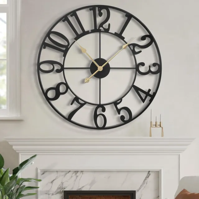 ‎HAITANG HAITANG Grote moderne wandklok, zwart, ronde metalen klok zonder tikkend geluid, 16 inch Arabische cijfers, op batterijen, voor slaapkamer, vintage keukendecoratie