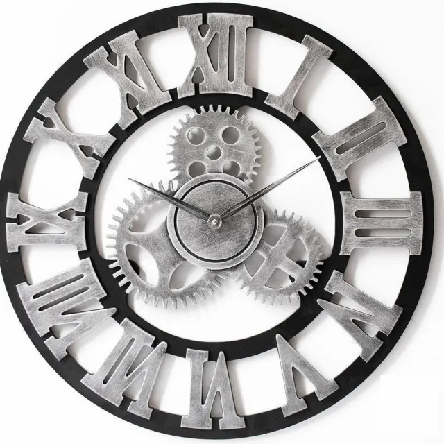 LW collection Wandklok grijs zwart 40cm - Kleine houten klok met tandwielen romeinse cijfers - Industriële wandklok stil uurwerk Grijs romeinse cijfers