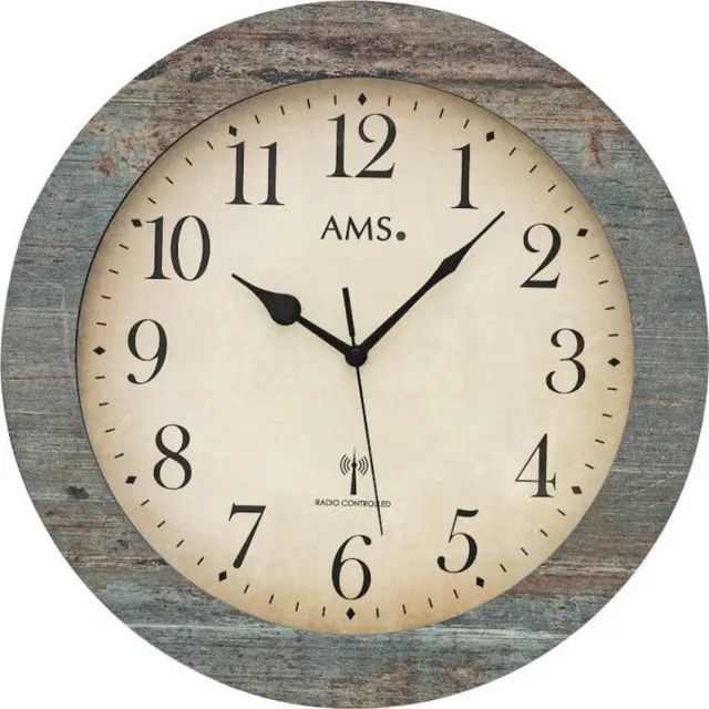 AMS F5562 - Wandklok - Analoog - Radiogestuurde tijdsaanduiding - Rond - Hout - Mineraal Glas - Cijfers - Grijs/Blauw - Wit - 35 cm ø Bruin, zwart