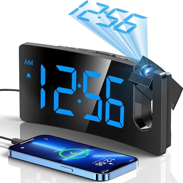 Thuys Digitale Projectie Wekker met FM-Radio & USB-Opladen – [180° Projectie] – [Dimbaar Display] – Snooze Zwart