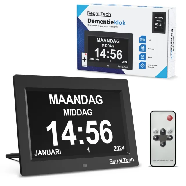 Regal Tech Digitale Dementieklok 10 inch - Kalenderklok voor Alzheimer - Geheugenklok - Digitale Klok met Afstandsbediening en Alarmfunctie Zwart