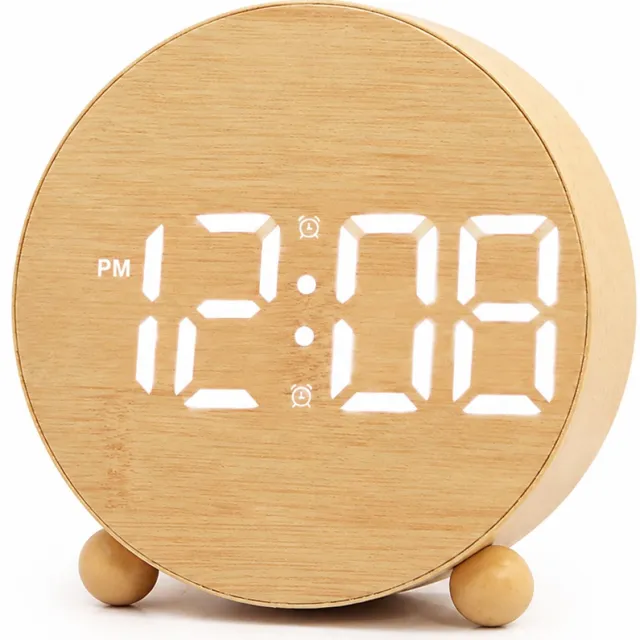 SWGOTA Ronde digitale LED-tafelklok met wekker en houtnerflook - 11,5 x 11,2 x 4,1 cm Lichtbruin
