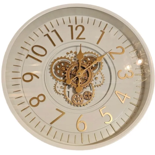 Mansion Wandklok - Gear Clock Badia White - Ø53 cm - Met Draaibare Tandwielen _ Wit - Goud - Klok wit goud