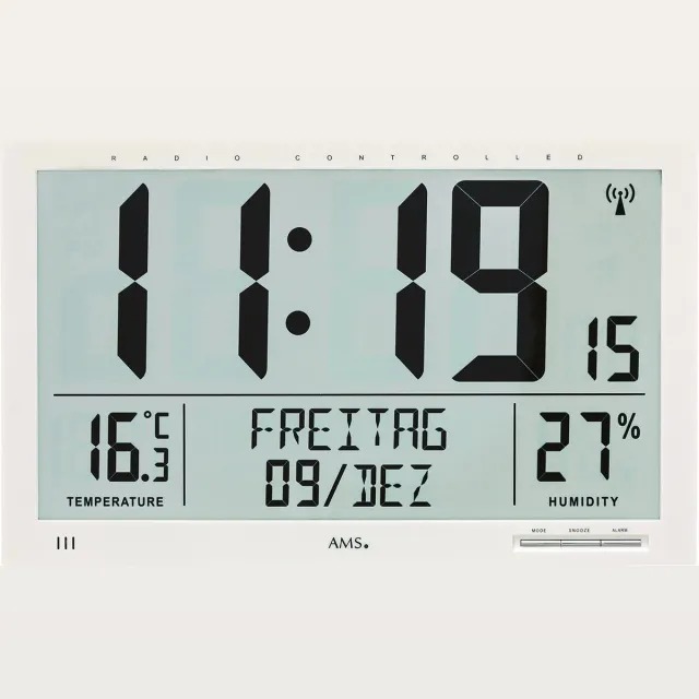 AMS F5887 - Wandklok - Tafelklok - Digitaal - Kunststof - Radiogestuurde tijdsaanduiding - LCD - Temperatuur - Vochtigheid - Wit
