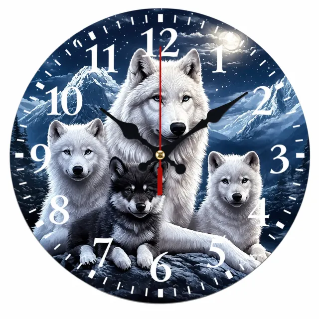 SWGOTA Ronde houten wandklok 30 cm met wolven en sneeuwbergen - Stil uurwerk en witte cijfers Blauw
