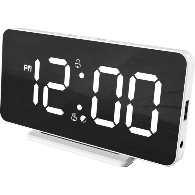 Caliber Wekker - Digitale Wekker - Slimline - Twee alarmen - Groot Dimbaar Wit Display - USB Oplader - Wit