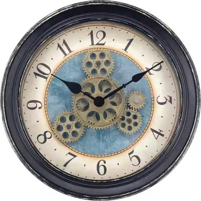 IvoQ Wandklok Industrieel met Bewegende Tandwielen - Stil Uurwerk - Metaal - Ø 32 cm Blauw