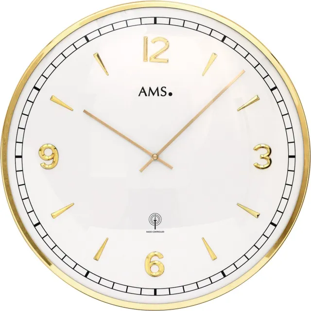 AMS F5609 - Wandklok - Analoog - Radiogestuurde tijdsaanduiding - Metaal - Mineraal Glas - Rond - diameter 40 cm ø - Cijfers - Strepen - Goudkleurig - Wit