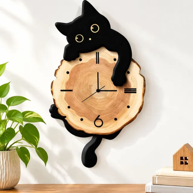 VHV Zwart kat - Stille Kat Wandklok Zwaaiende Staart - 30x33 cm Zwart Wit Kunststof Slangewerk - Hedendaagse Stijl voor Huis Kantoor Hoofdkleur van de afbeelding