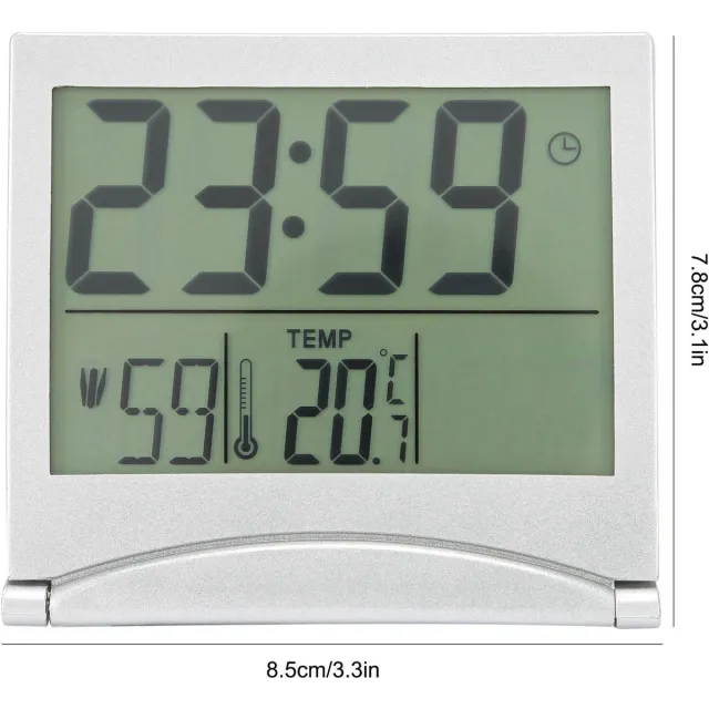 whiqutey Opvouwbare digitale klok, LCD-reiswekker - Digitale wekker met temperatuur- en datumweergave - Digitale wekker op batterijen - Zilver Wit
