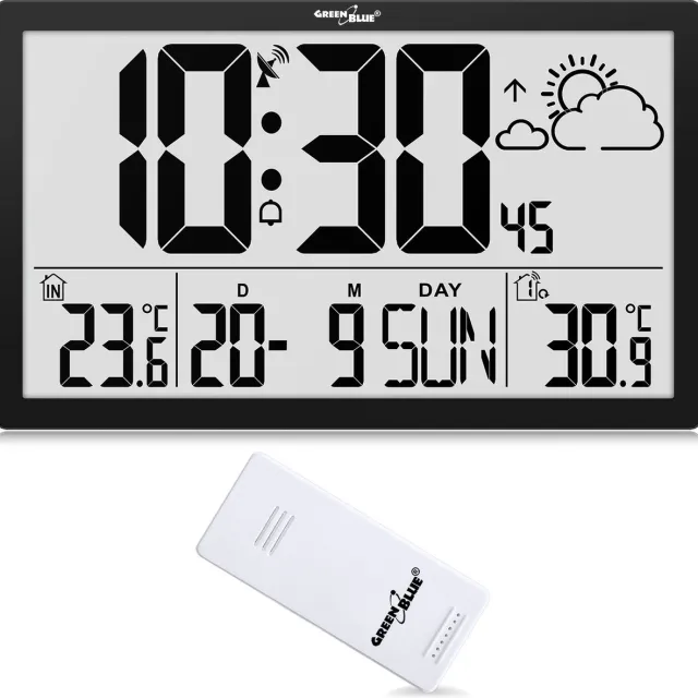GreenBlue Klok - LCD Wandklok - Klok met weerstation en thermometer zwart