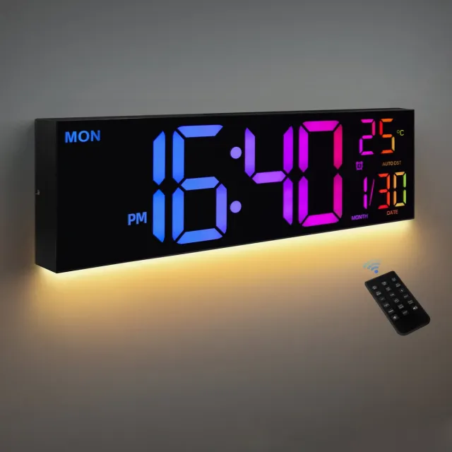 Zoranta 16 inch digitale wandklok met groot LED-display, afstandsbediening, 8 RGB-kleuren, temperatuur en alarm Zwart