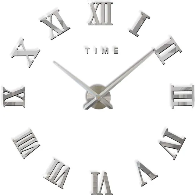 FAS1 Moderne DIY Grote Wandklok Grote Polshorloge Sticker 3D Spiegel Sticker Romeinse Cijfers Wandklok Thuiskantoor Verwijderbare Decoratie (Batterij Niet Inbegrepen) Zilver