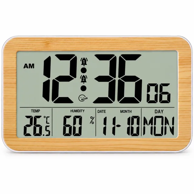 SWGOTA wekker - Digitale lcd-wandklok met temperatuur, luchtvochtigheid en kalender - Bamboehoutnerfpatroon, zonder achtergrondverlichting - 20,2 x 12,4 x 2,6 cm Lichtbruin