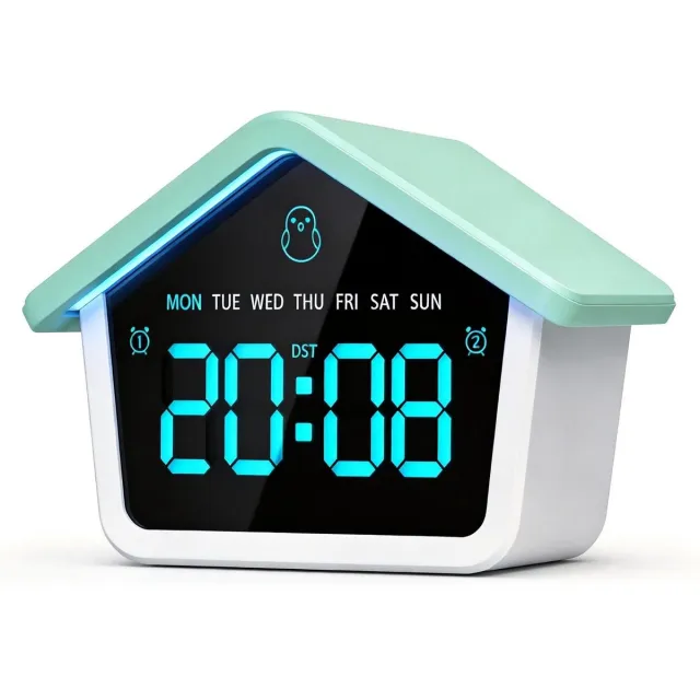 Bobypet Digitale Kinderwekker met Nachtlampje - Schattig Huisje Design LED Wekker - Dubbel Alarm, 8 Kleuren Regenboog Licht, Automatische Dimmodus - Cadeau voor Kinderkamer groen