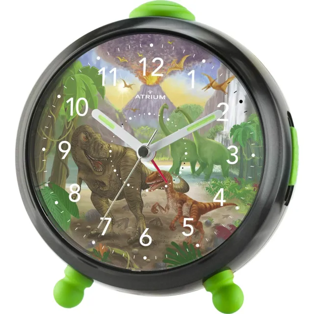 Atrium Wekker - Kinderen - Dino - Meisjes - Jongens - Analoog - T-Rex - Groen / Zwart - Zonder tikgeluid - Snooze - Licht/ wijzerplaatverlichting - Glow in the dark wijzers - Grote knoppen - Wekkers Slaapkamer - A932-4