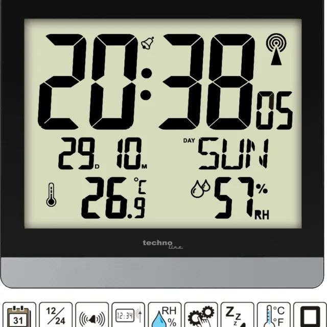 Technoline Digitale radiogestuurde wandklok / tafelklok - Thermometer / Hygrometer - Datum - snooze functie Technoline WS 8014 Digitale wandklok Technoline WS 8014 200x189x29mm zwart/zilver