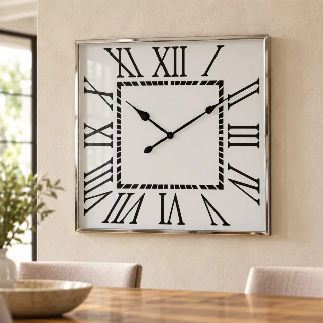 Hoppa! Vierkante wandklok met grote Romeinse cijfers - Wit/Chroom - 5 x 76 x 76 cm (B x D x H)