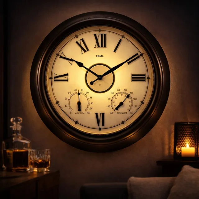 HomeShopXL Wandklok 45 cm – Binnen/Buiten – Industrieel – Stil & Verlicht – Waterdicht – Met Thermometer & Hygrometer – Zwart/Dark Brons