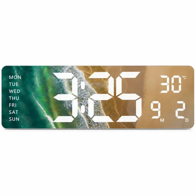 SWGOTA Digitale LED-wandklok 38,8 x 12,3 cm - Rechthoekig kustmotief met temperatuur, weekdag- en datumweergave Groen