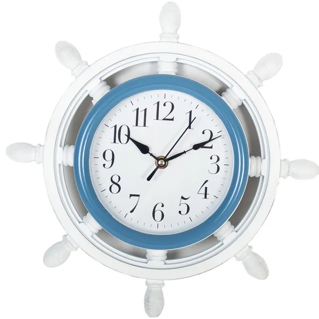 Gerimport Wandklok - stuurwiel - 33 cm - wit met blauw - nautisch - zee - maritiem thema - klok