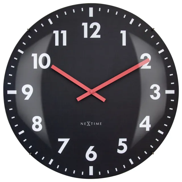 Nextime Grote wandklok 50cm met gewelfde glazen lens - Stil - Glas - "Duomo 50" Zwart