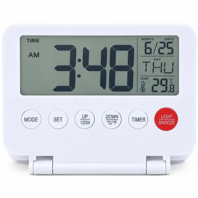 SWGOTA Witte opvouwbare digitale bureauwekker met LCD, temperatuur, kalender, achtergrondverlichting en sluimerfunctie, 10 x 8 cm, in kleurendoos
