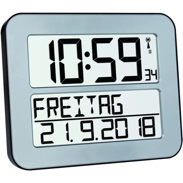 TFA Dostmann 60.4512.54 - Klok - Digitaal - Zendergestuurd - 7 talen - Tweede tijd - Alarm - Snooze - LCD - Zilverkleurig