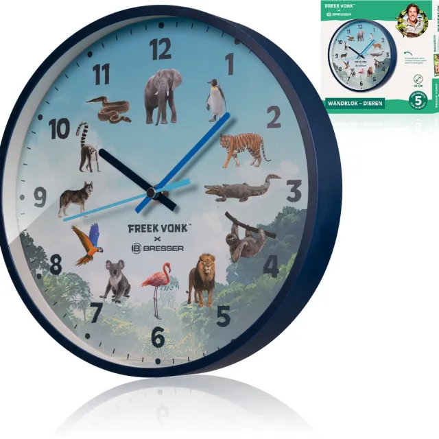 Freek Vonk x BRESSER Wandklok voor Kinderen - Met leuke dierenprint - Stil Uurwerk - Diameter 25cm Blauw