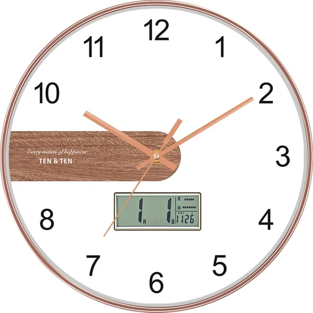 ibettertec Wandklok 30 cm - Stil - Analoog en Digitaal - Roségoud Roze goud