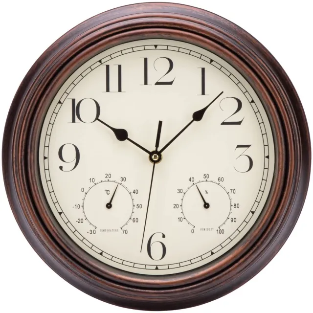 Famanu Wandklok met thermometer in retro stijl, brons, 30 cm Zwart