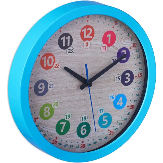 Relaxdays kinderklok met cijfers - Ø 30 cm - leerklok - wandklok kinderkamer - muurklok blauw lichtblauw