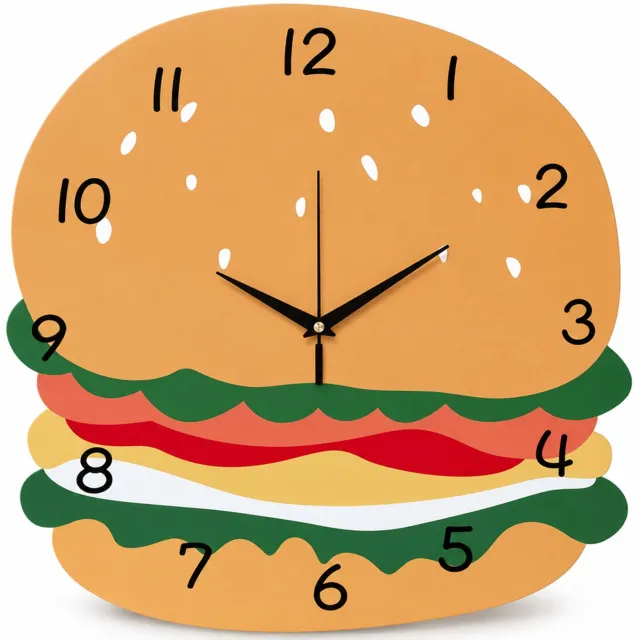 SWGOTA Wandklok in hamburgervorm 30 cm - Kleurrijke platte wijzerplaat met cijfers - Voor woonkamer en slaapkamer Oranje