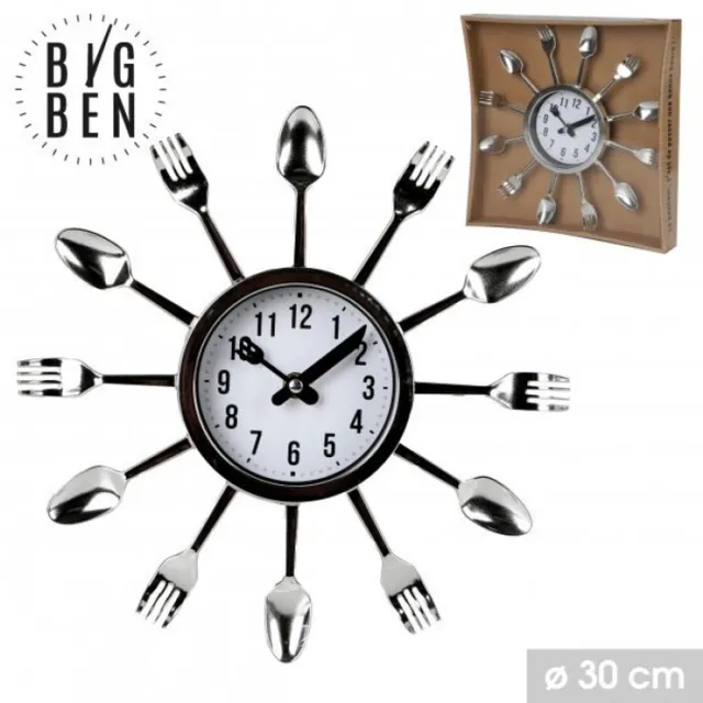 Urban Living "BIG BEN" DESIGN KEUKENKLok BESTEK CHROOM WITTE ACHTERGROND DIAMETER 30 CM wit met zwarte accenten
