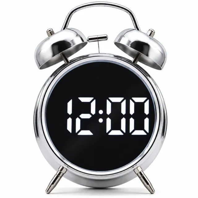 SWGOTA Zilverkleurige digitale wekker met metalen dubbele bel, groot led-display en temperatuur- en datumweergave voor het nachtkastje