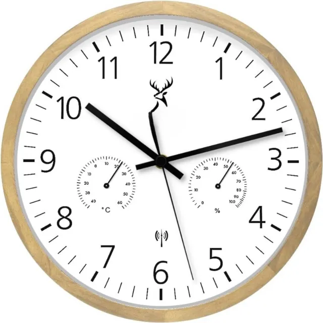 BOG Draadloze Wandklok - Temperatuurweergave - Hygrometer - Luchtvochtigheidsmeter - Houten Klok - Geluidsloos Uurwerk - Zonder Getik - Beuken - Wit - Massief Hout - Natuurlijke Houtlook BRUIN