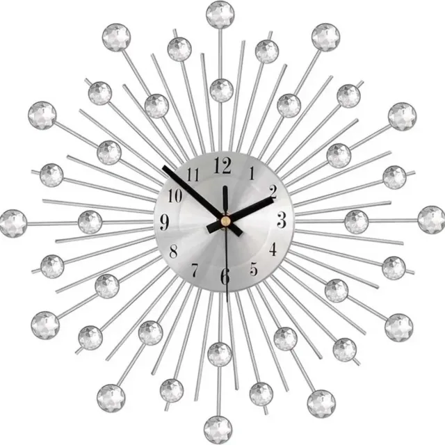 Je Huis Metalen Wandklok – Elegante Zilveren Quartz Klok met Kristalaccenten – Moderne Europese Design Klok voor Luxe Woondecoratie – Verkrijgbaar in Twee Stijlen