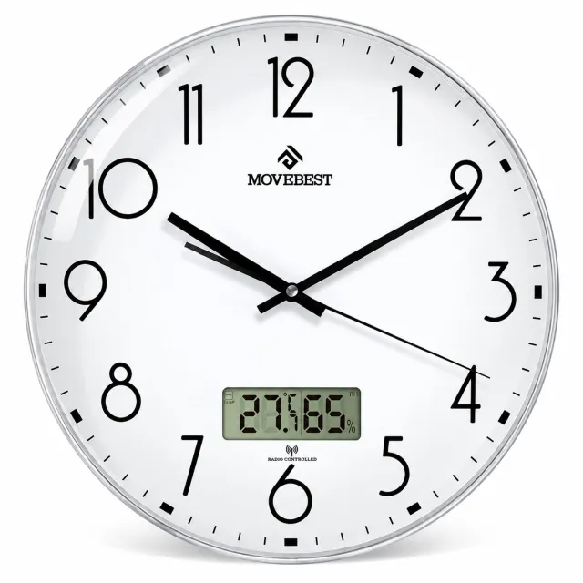 SWGOTA Stille kwartswandklok 12 inch met witte wijzerplaat en LCD voor temperatuur en luchtvochtigheid, rond, 1 stuk