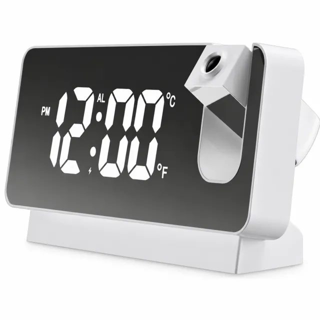 SWGOTA Oplaadbare digitale LED-wekker, wit met witte cijfers, spiegelfront en voet, inclusief USB-laadkabel, handleiding en beschermzakje