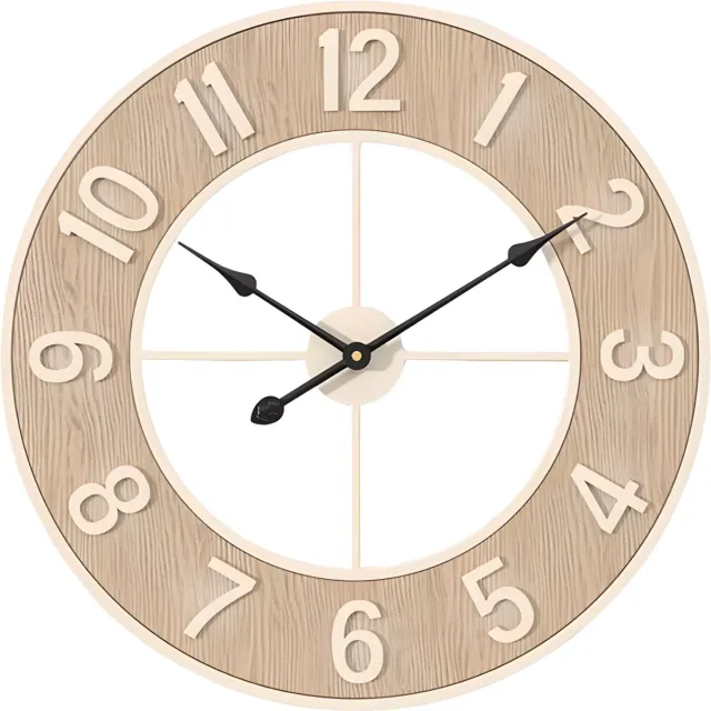 Happiq Ronde Wandklok 60 cm - Grote Stille Wandklok met Houtnerf Design - Niet-Tikkend Uurwerk - Voor Woonkamer & Kantoor Beige