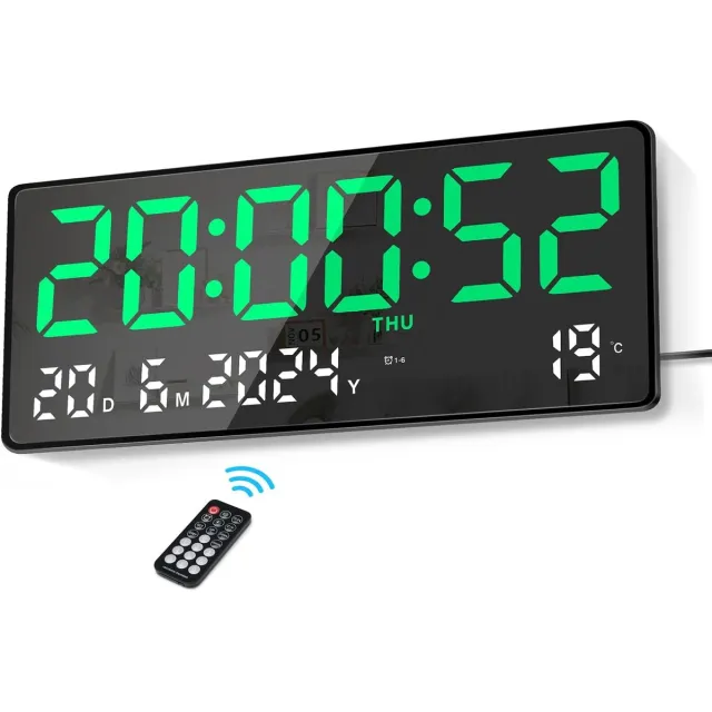 Bobypet Klok - 15,5 inch LED digitale wekker - Grote cijfers - met afstandsbediening datum, temperatuur, week - Moderne digitale klok - Voor woonkamer, slaapkamer, kantoor, keuken - Groen