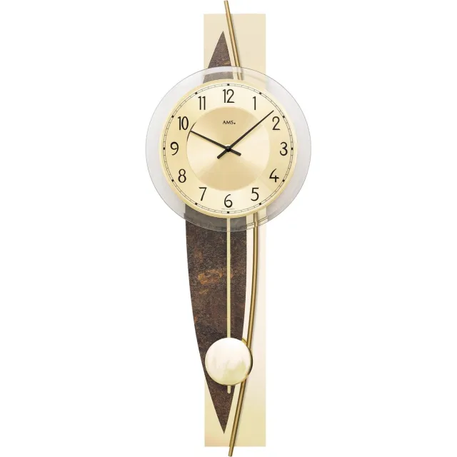 AMS 7453 wandklok met slinger en metaalstructuur Goudkleurig