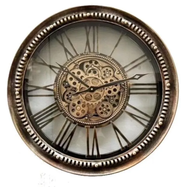 De Woonhoek Home - Wandklok Arsenal - Tandwielklok - Antique Goud - Met glasplaat - Draaiende tandwielen - Diameter 53 cm Antiek goud