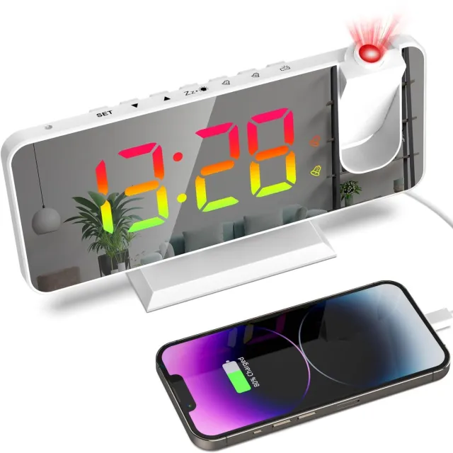 longziming RGB Projectieklok met Dubbele Wekker – 7 Kleuren Display, 180° Draaibare Projectie & USB-Voeding Wit