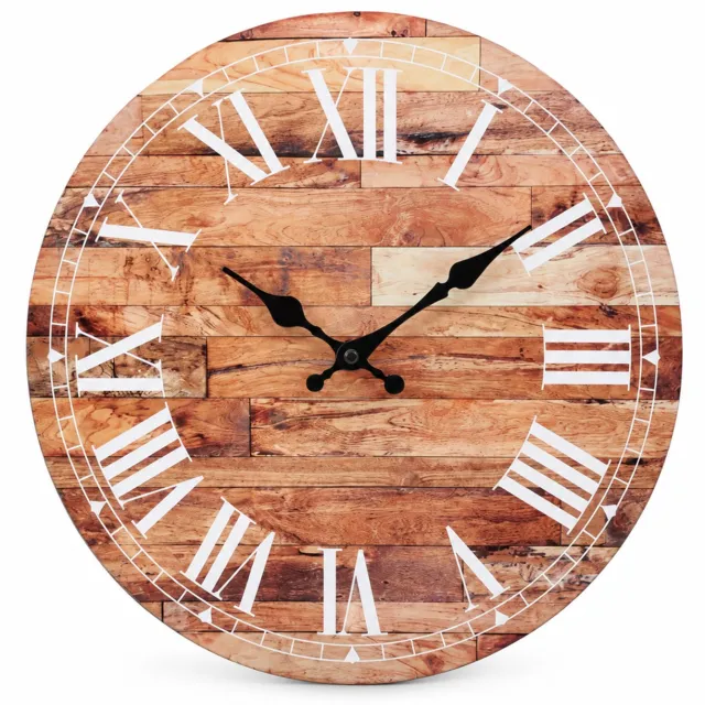 SWGOTA Stille ronde MDF-wandklok 14 inch met houtlook, witte Romeinse cijfers en zwarte wijzers Bruin
