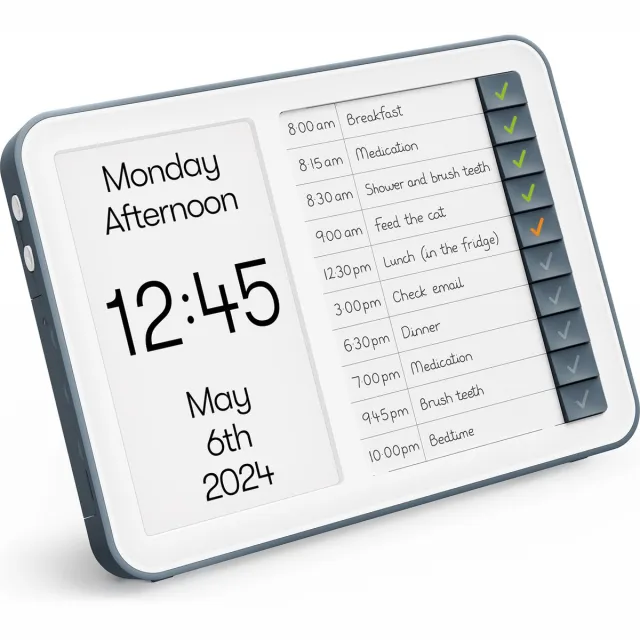 Relish Dementieklok - Kalenderklok met Taken Meldingen - Breid uit tot een Eigen Thuisnetwerk - Alzheimerklok met Dag, Datum en Tijd - Takenlijst Dagelijkse Routine Wit-Grijs