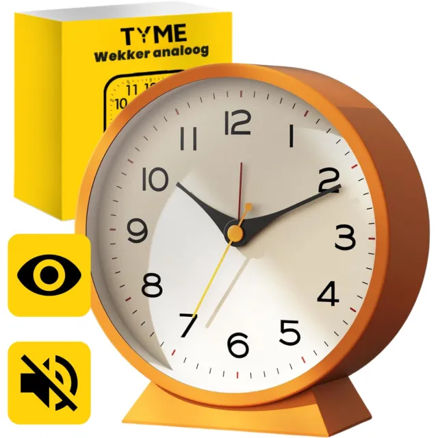 TYME Wekker Analoog - Zonder Tikgeluid - Duidelijk leesbaar - Met Alarm - Reiswekker Incl. Verlichting - Rond met Voet - Wekker kinderen - voor Slaapkamer - Oranje