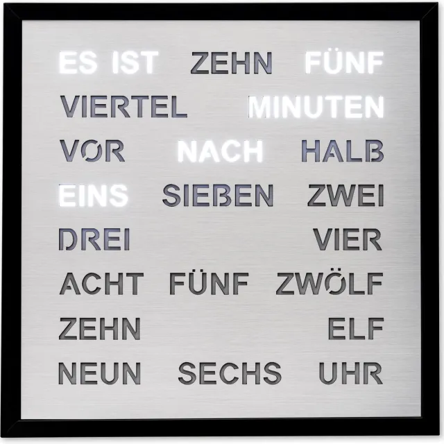Intertime Woordklok | Wandklok | 40x40 | Zilver | Duits - mooie klok met Duitse Tekst / tekst in Woorden / met snoer / 220V