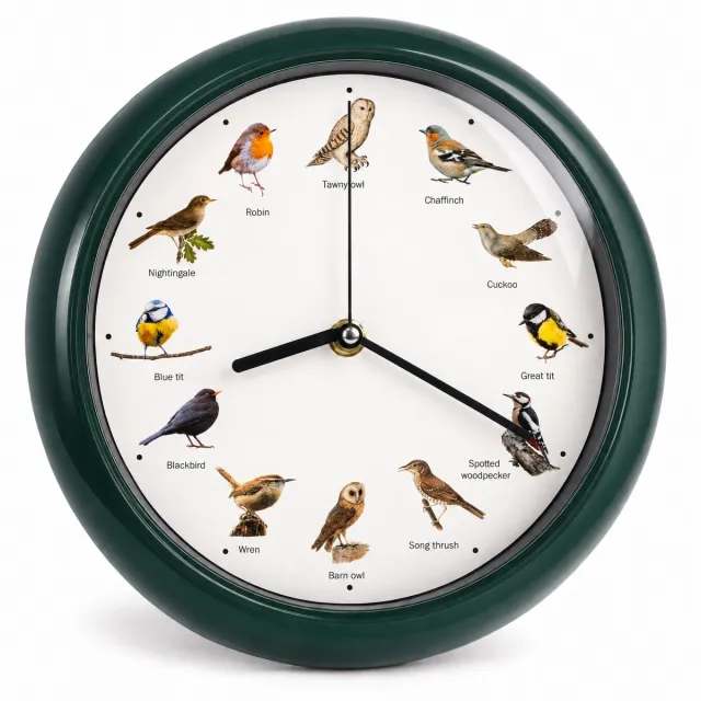 Cheqo Vogelklok - Wandklok met Vogelgeluiden - Klok met Geluid - Birdsong Clock - Zingende Vogels - Vogelgeluiden Klok - Klok voor Vogelliefhebbers - Dierenklok - Kinderklok - Vogelmelodie Klok - Decoratieve Wandklok - Donkergroen